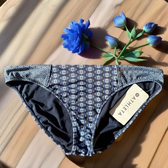 Athleta Navy Blue and White Geometric Print Tangier Medium Rise Swim Bottoms - Picture 1 of 4